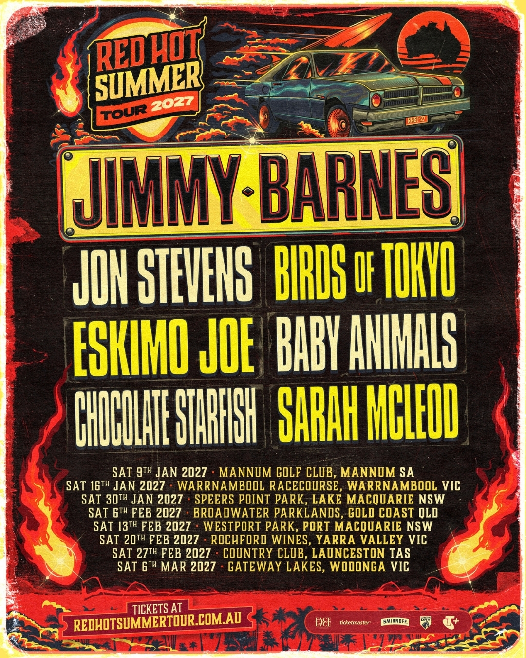 Red Hot Summer Tour 2027 poster featuring Jimmy Barnes, Jon Stevens, Birds of Tokyo, Eskimo Joe, and more Australian rock acts[cite: 5].